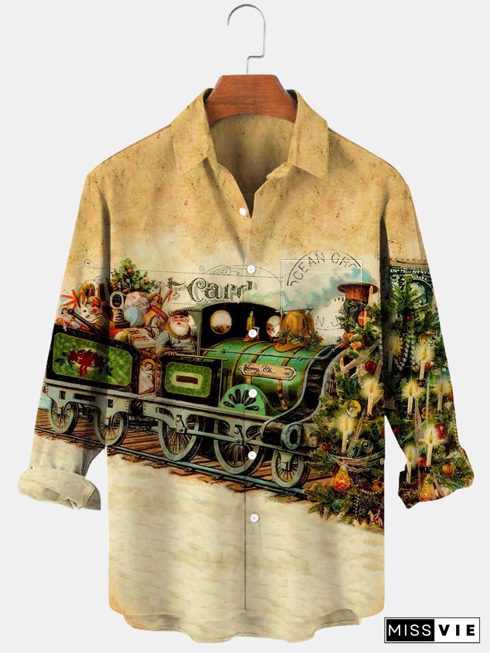 Christmas Train Long Sleeve Men's Shirts With Pocket