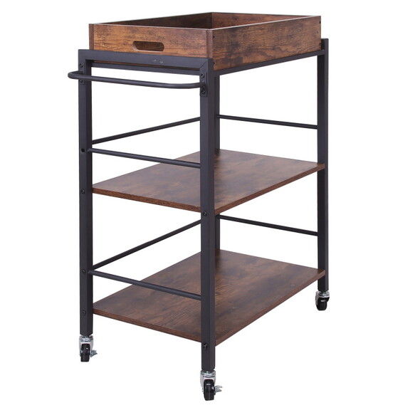 Tray Top Wooden Kitchen Cart with 2 Shelves and Ca...