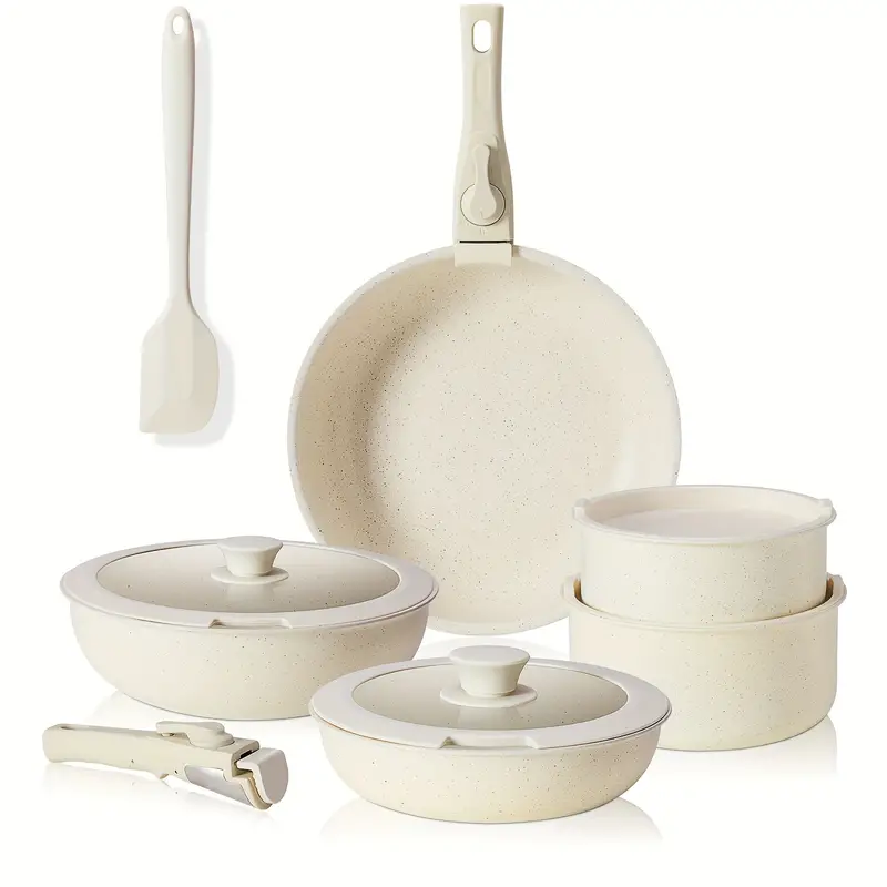 12 Pcs Pots and Pans Set, Nonstick Kitchen Cookware Set with Detachable Handle, Induction Cookware, Dishwasher Oven Safe, Beige