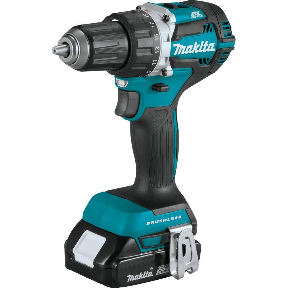 Makita 18V LXT Lithium-Ion Compact Brushless Cordless 12 in. Driver-Drill Kit w (2) Batteries (2.0Ah) Charger Bag XFD12R