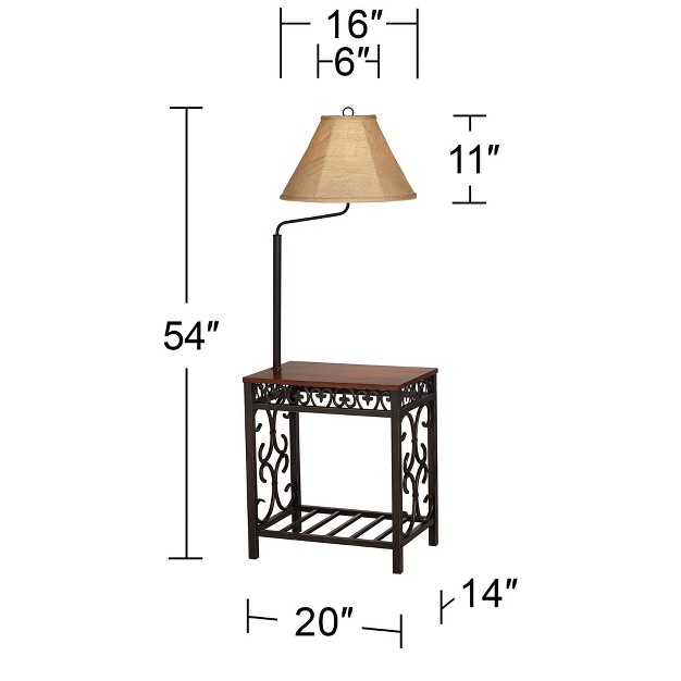 Tall Bronze Scrollwork Swing Arm Burlap Fabric Empire Shade For Living Room Reading