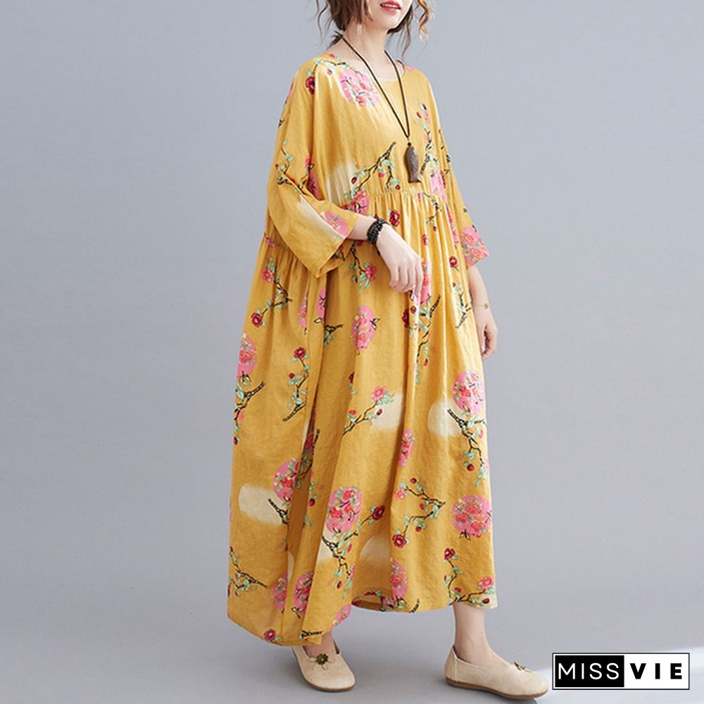 Women Summer Short Sleeve Floral Printed Sundress Casual Loose Long Dress