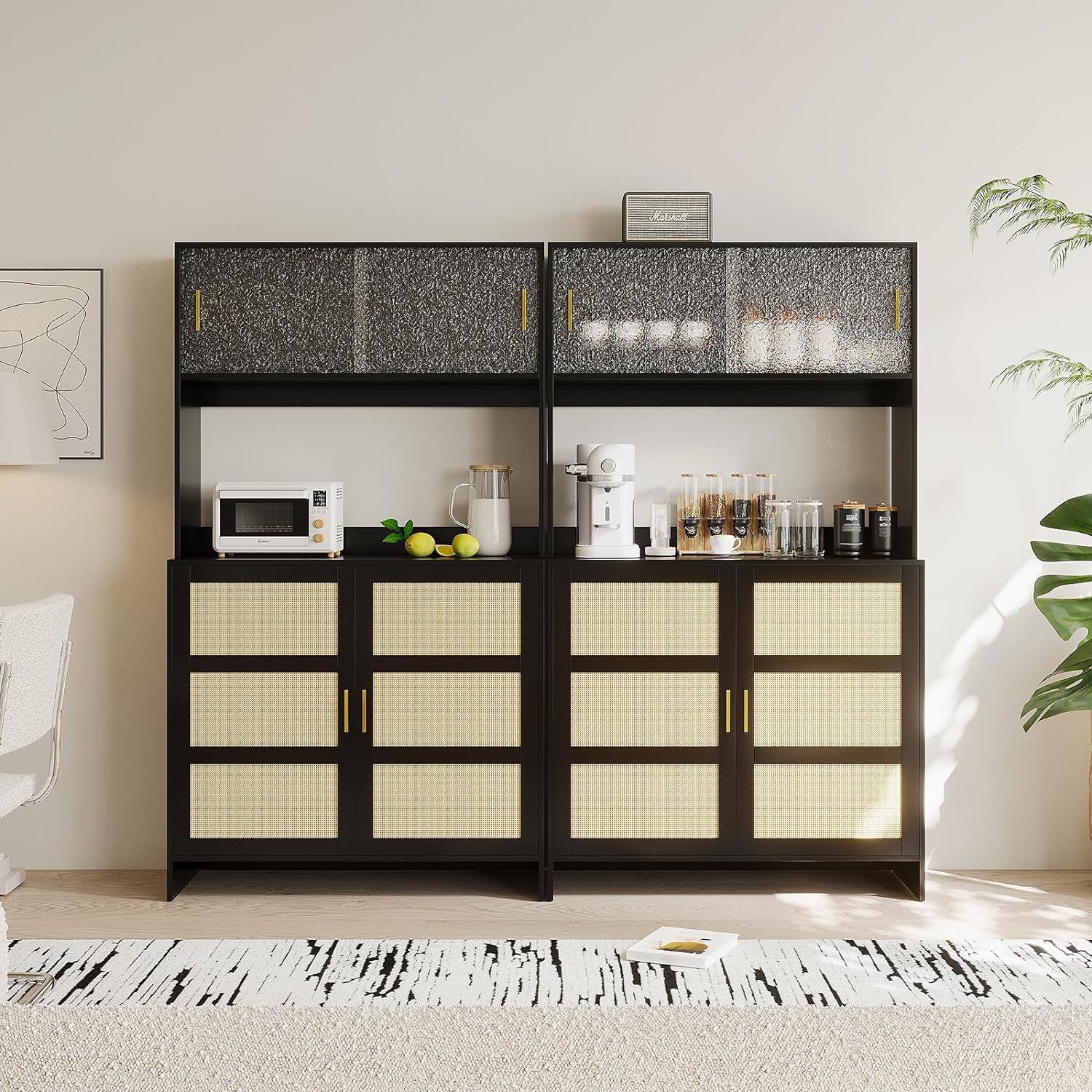 Rattan Kitchen Pantry Storage Cabinet Sideboard Buffet with Sliding Doors Adjustable Shelves