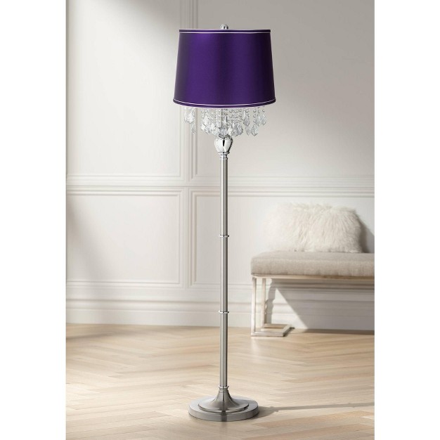 Tall Brushed Nickel Silver Crystals Dark Purple Satin Drum Shade For Living Room Bedroom Office House