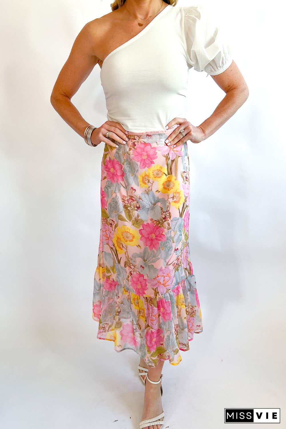 Pink Zipped Ruffle Hem Floral Midi Skirt