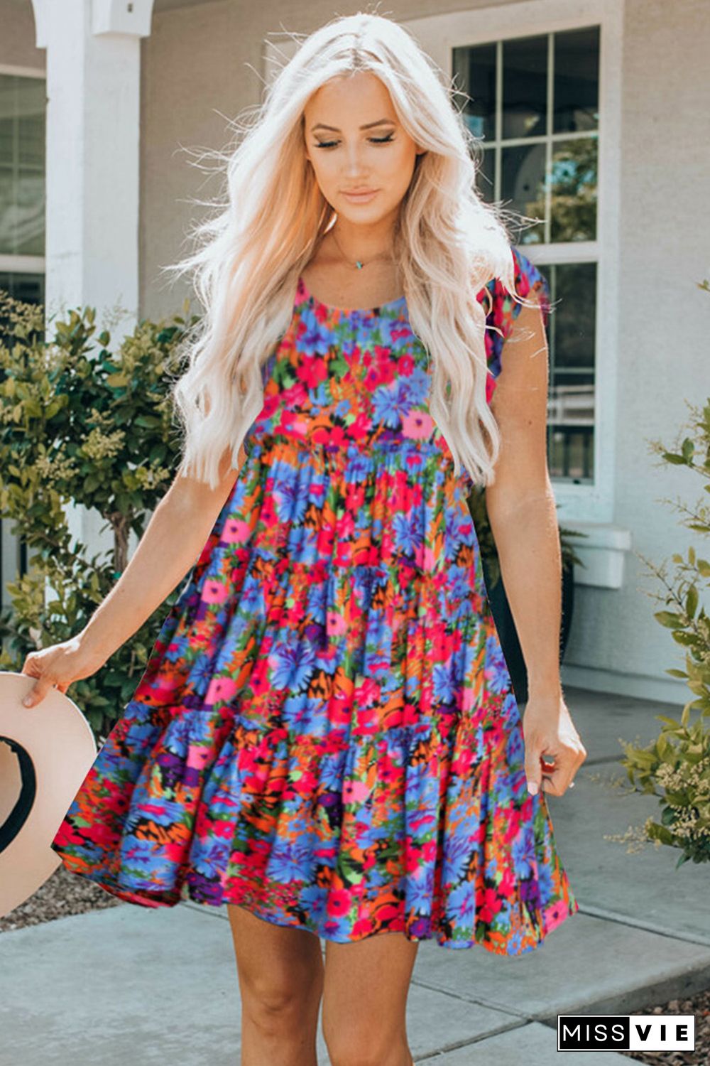 Multicolor Floral Short Sleeve Ruffle Mini Dress