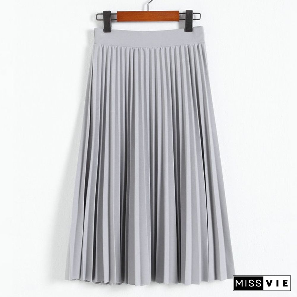 Women Fashion High Waist Pleated Solid Color Ankle Length Skirt All-Match Chiffon Clothing Lady Casual Stretchy Thicken Skirts