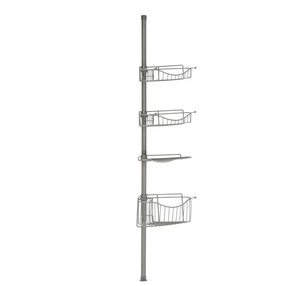 Zenna Home Tub and Shower Tension Pole Caddy with 3 Shelf and 1 Basket in Brushed Chrome E2120BC