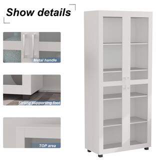 FUFUGAGA 72 in. H White Wood 5-Shelf Standard Bookcase Bookshelf Cabinet with 2-Door KF200050-01-ddd