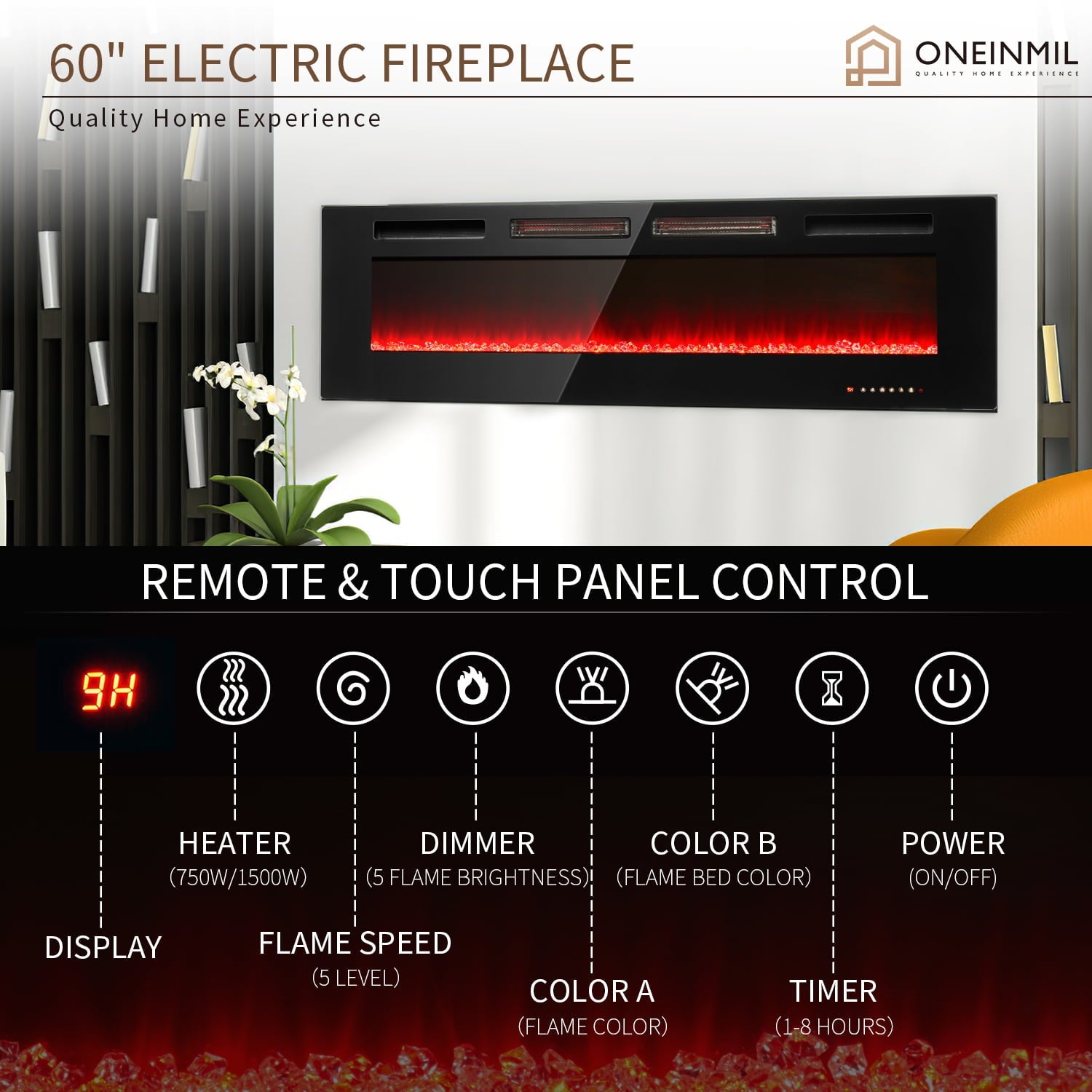 ONEINMIL 60" Electric Fireplace, Recessed 3.2'' Ultra Thin Wall-Mounted Heater w/Adjustable Flame Colors & Speed, Fireplace with Touch Screen and Remote Control