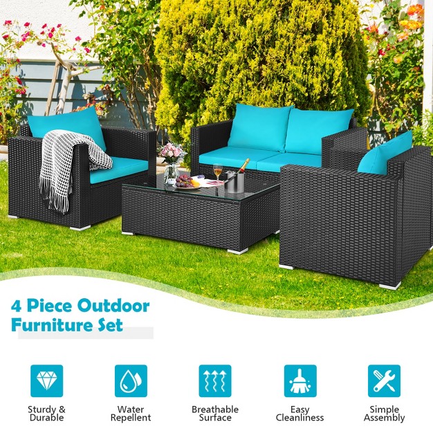 Tangkula 4pc Patio Rattan Wicker Conversation Furniture Set Sectional Sofa amp Coffee Table