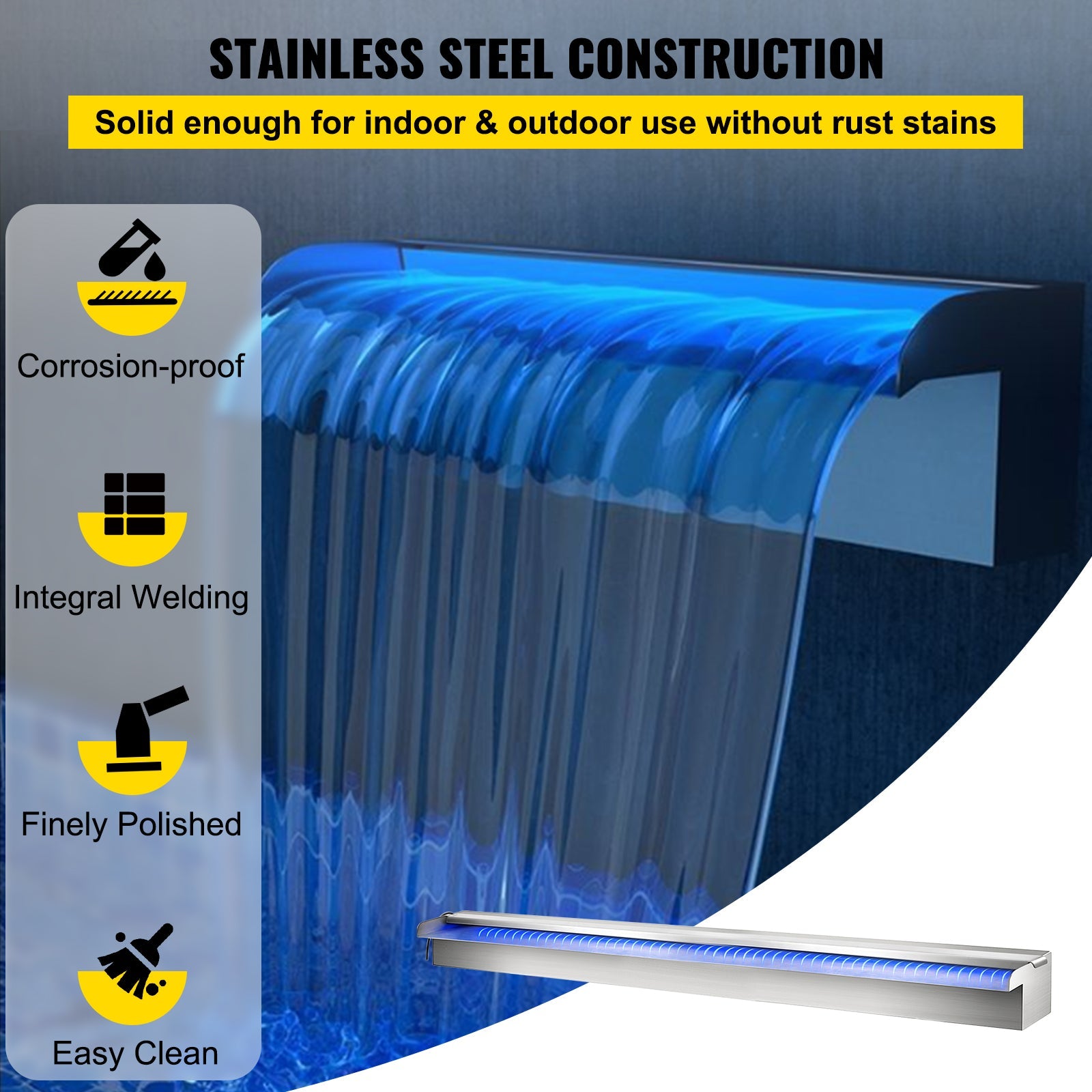 VEVORbrand Pool Fountain 47.2" x 4.5" x 3.1" Stainless Steel Pool Waterfall with LED Strip Light Waterfall Spillway with Pipe Connector Rectangular Garden Outdoor