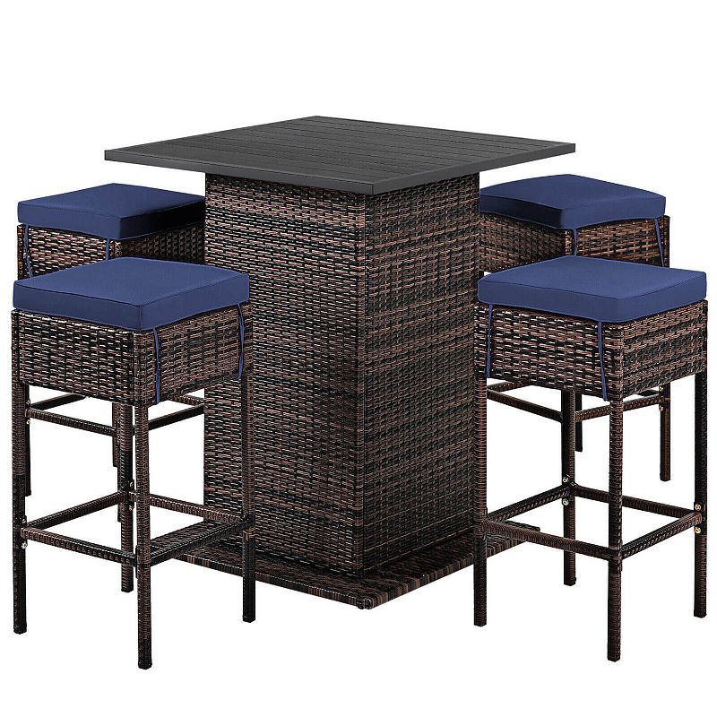 5 Pieces Patio Rattan Bar Table Stool Set Hidden Storage Shelf Cushion