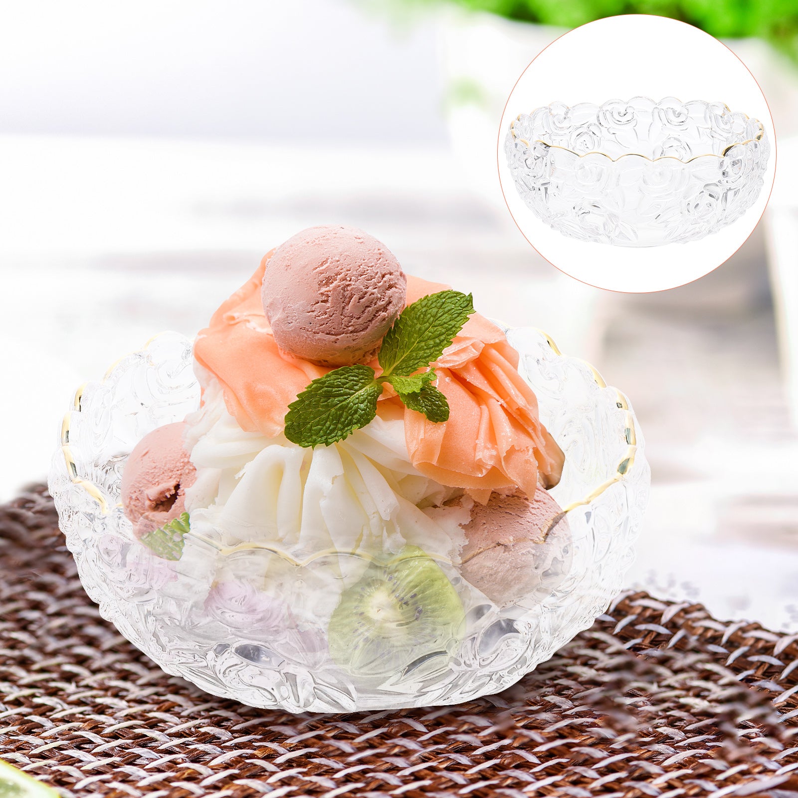 Decorative Glass Bowl Transparent Ice Cream Bowl Embossed Design Bowl Exquisite Dessert Bowl