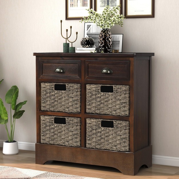 Modernluxe Dining Room living Room Storage Cabinet With Two Drawers And Four Classic Rattan Basket rustic