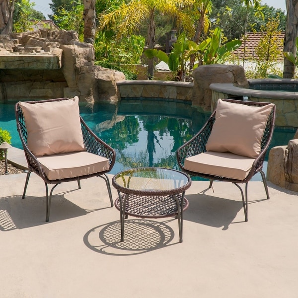 BELLEZE 3 PC Wicker Set Outdoor Chairs Shelf Round Glass Table