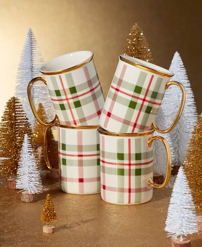 Lenox Holiday Plaid Gold-Trimmed Porcelain Mugs Set Of 4