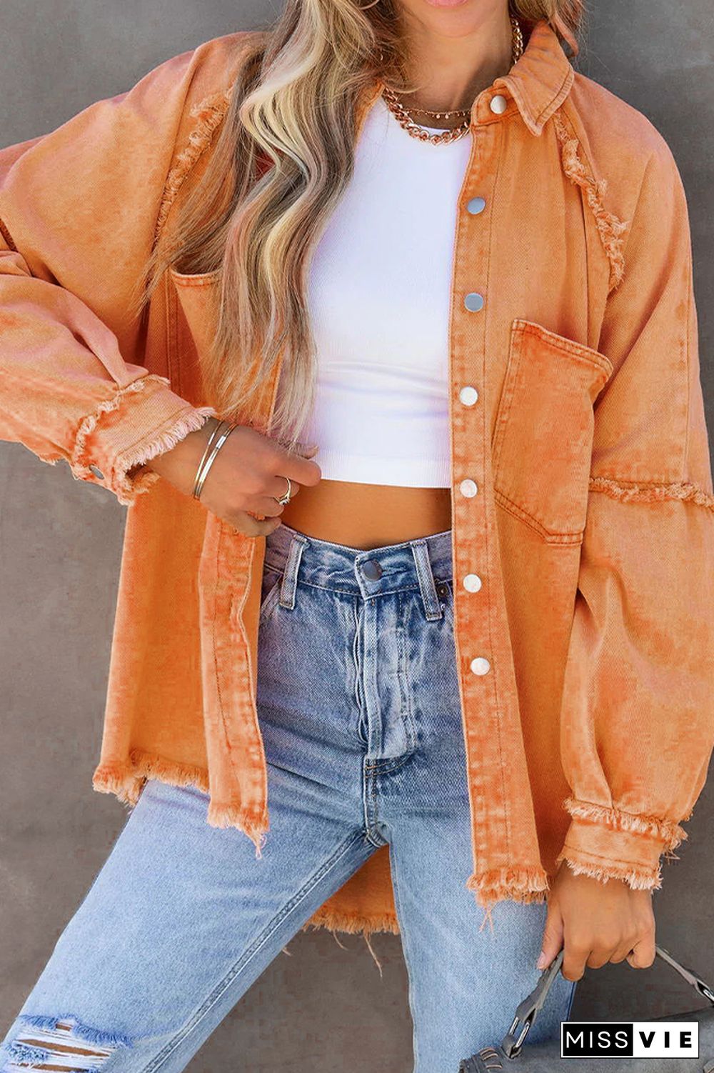 Candy Color Button Pockets Raw Trim Denim Jackets