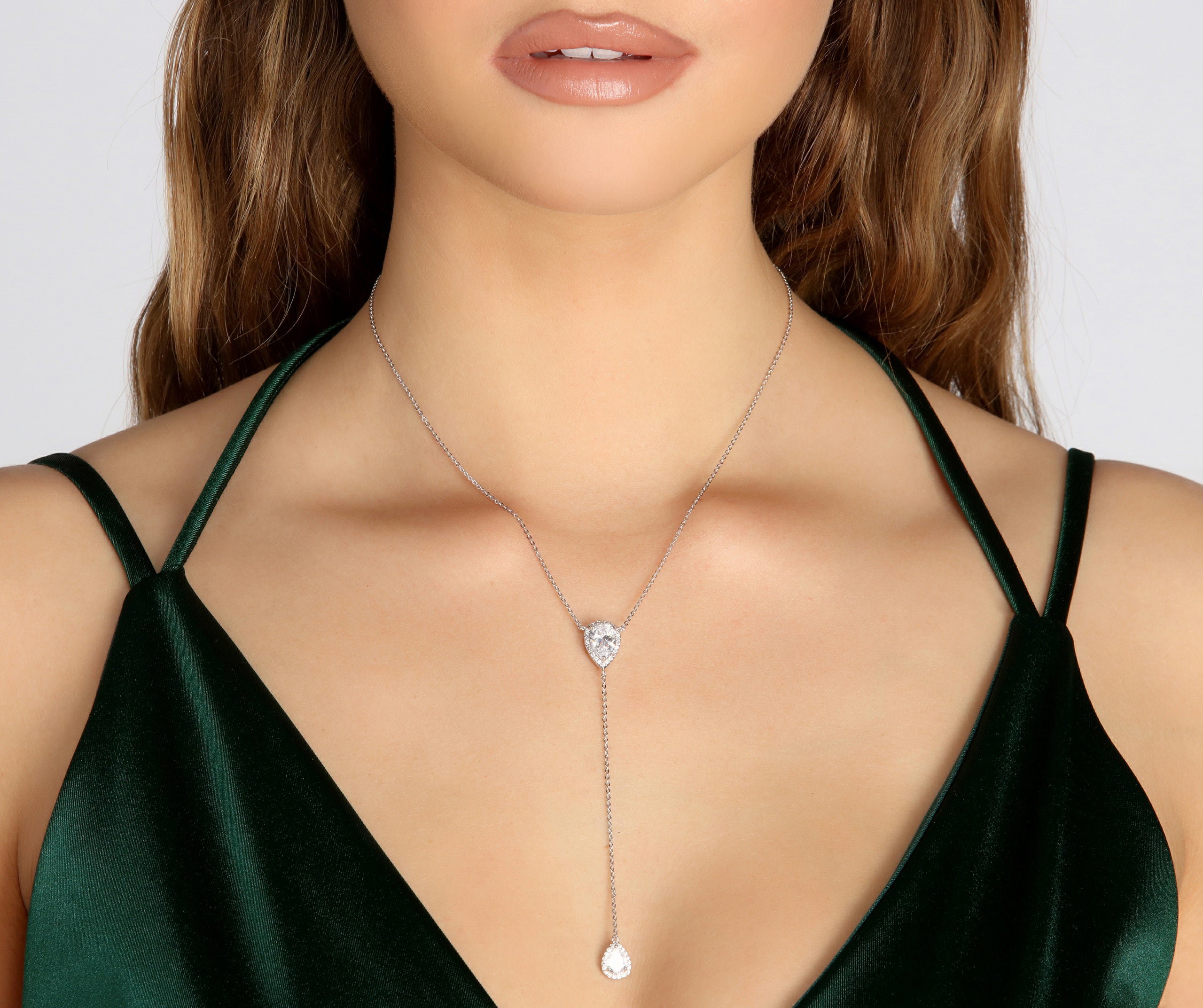 Cubic Zirconia Lariat Teardrop Necklace Set