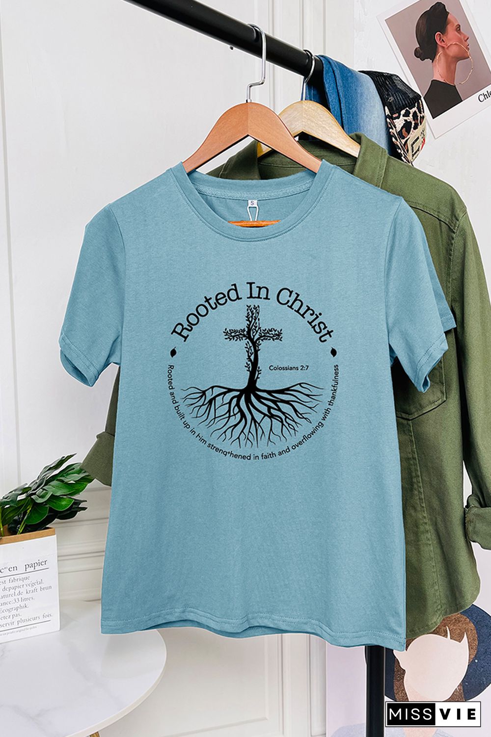 Rooted In Christ Bible Verse Colossians 27 Short Sleeve Graphic Tee Wholesale