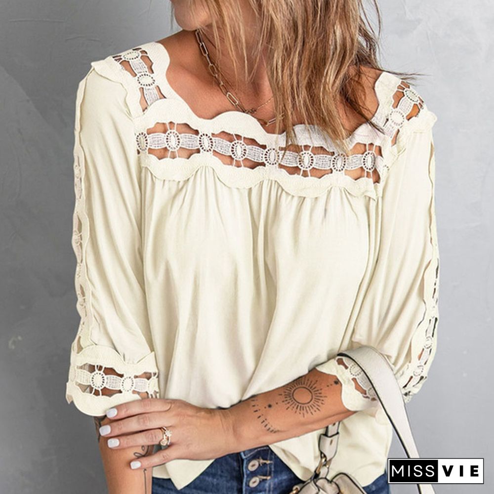 Spring and Summer Women's Stitching Lace Loose Top Casual Mid-sleeve T-shirt