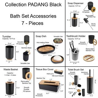 Padang 7--Pieces Bath Accessory Set with Soap Pump Tumbler Soap Dish and Toilet Brush Holder in PVC Black and Bamboo SET7PADANG6174237