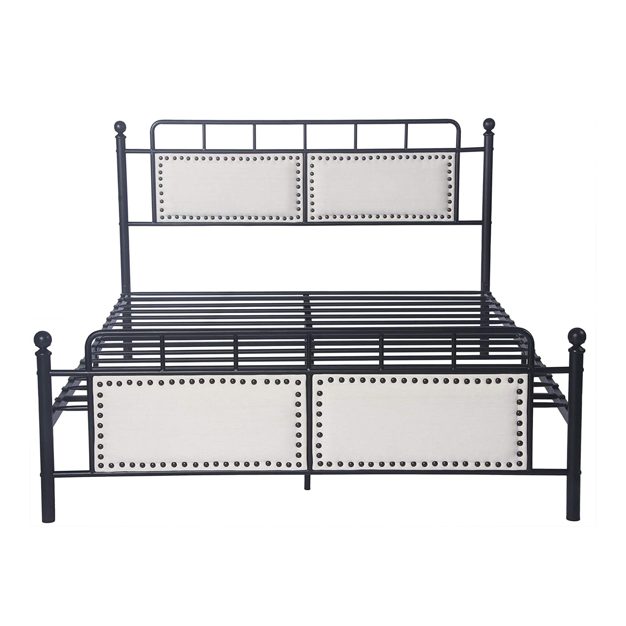 Karmas Product Metal Bed with Upholstered Headboard Heavy Duty Frame Steel Slat Support for Bedroom, Guest Room, No Box Spring, Mattress Foundation, Queen Size, Black