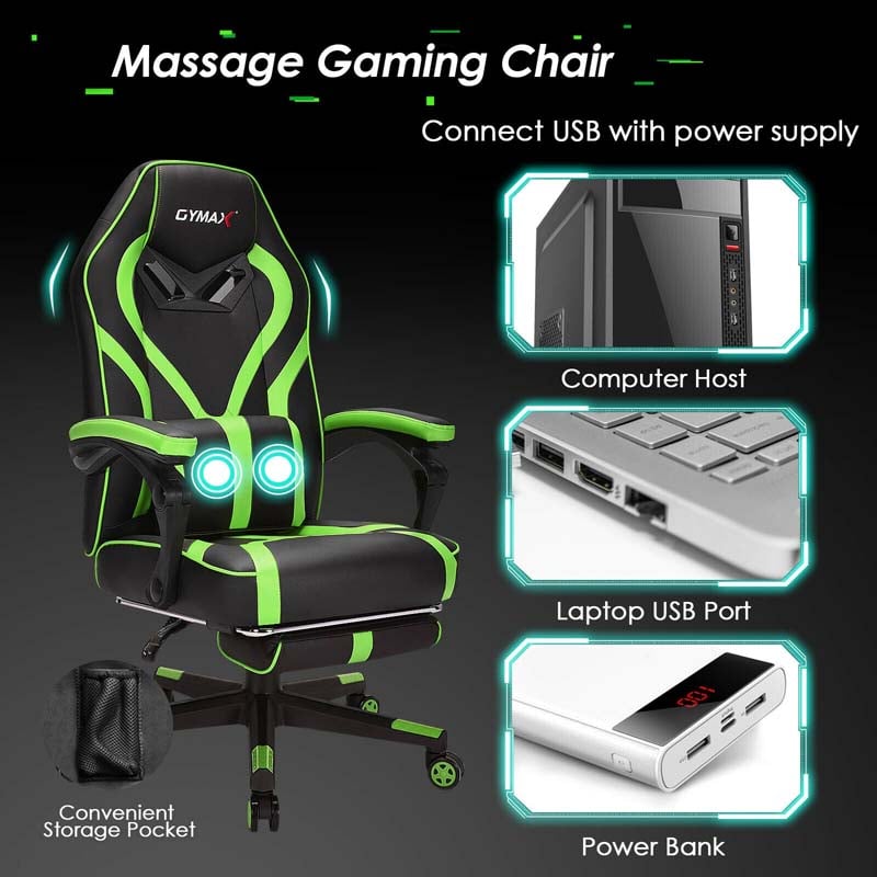 Massage Gaming Chair, Swivel Office Recliner, Adjustable Racing Computer Chair with Lumbar Support, Headrest & Retractable Footrest