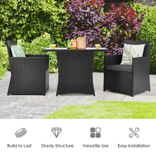 3PCS Patio Wicker Bistro Set PE Rattan Dining Table Set w/ Grey Cushions - Overstock - 37938511