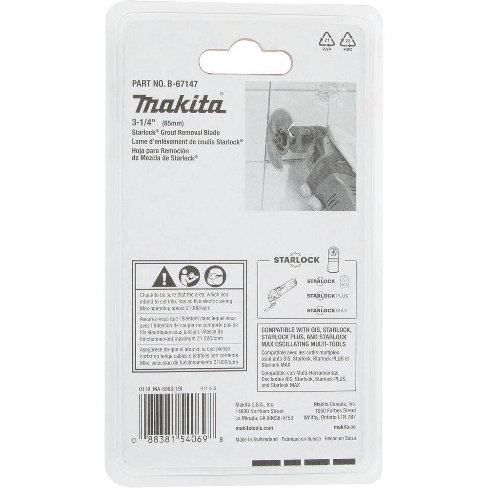 Makita 3-14 in. Starlock Tungsten Carbide Grout Removal Blade B-67147