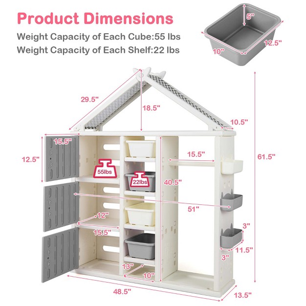 Costway Kids Costume Storage Closet Children Pretend Dresser With Storage Bins Shelves Grey pink white