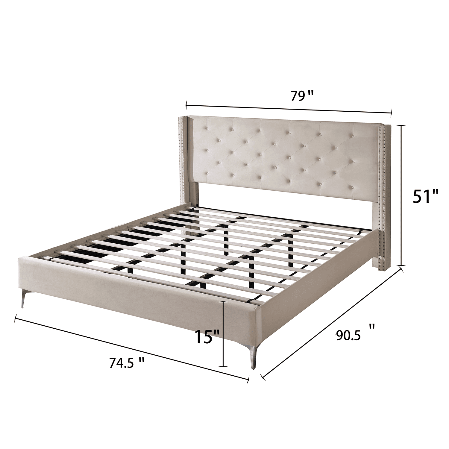 Morden Fort Wood Platform Bed Frame with Upholstered Headboard California King Cream