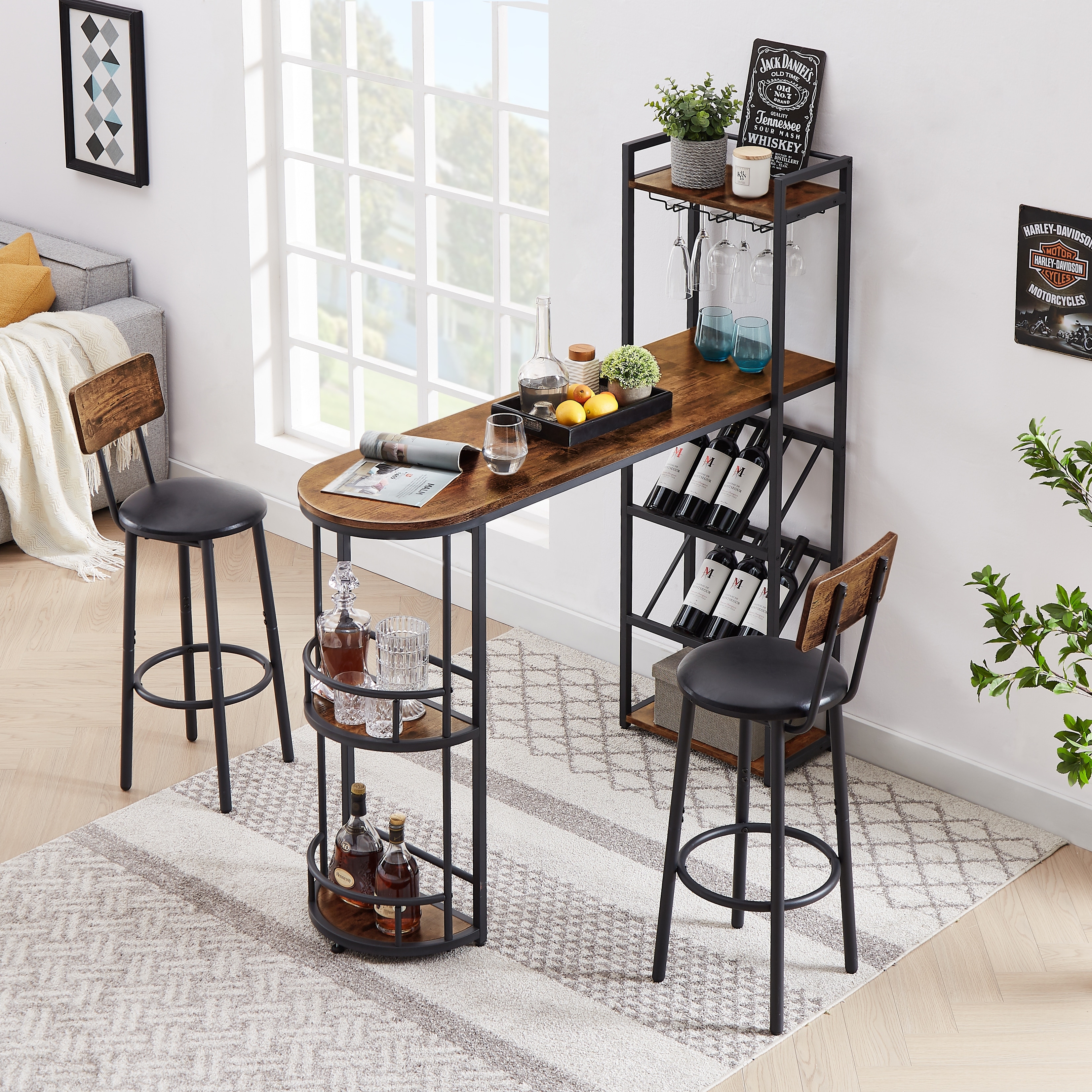 Bar Table and Stool Set with 2 Bar Stools and Bottle Holder， Multifunctional High Bar Table with Space for 8 Bottles and 9 Glasses