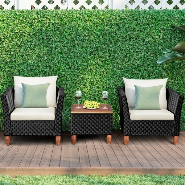 3 Pcs Outdoor Patio Rattan Furniture Set Wooden Table Top Cushioned Sofa