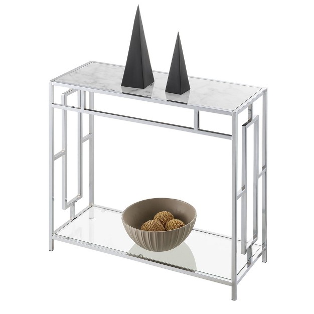 Town Square Chrome Faux Marble Glass Hall Table With Shelf White Marble glass chrome Breighton Home