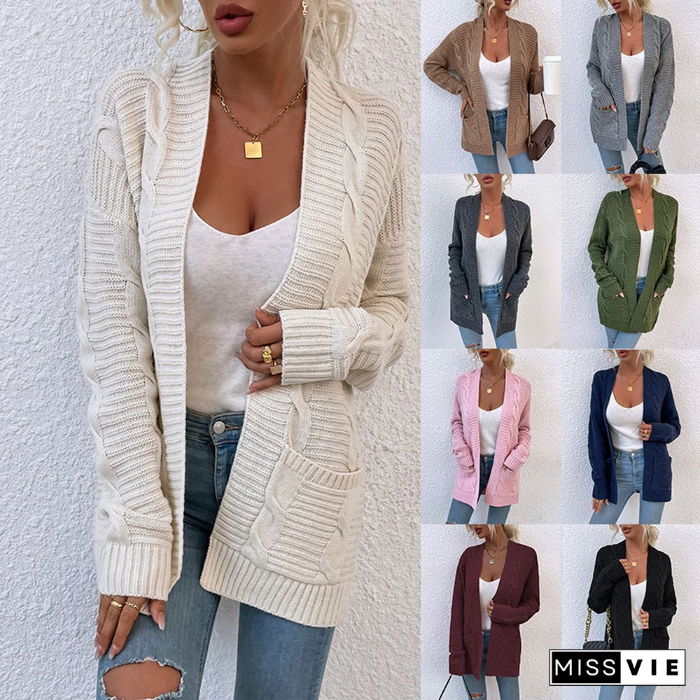 Elegant Knitted Sweater Coat Women Cardigans Autumn2022 New Winter Twist Midi Pocket Knitted Cardigan Female Sweater Jacket Full