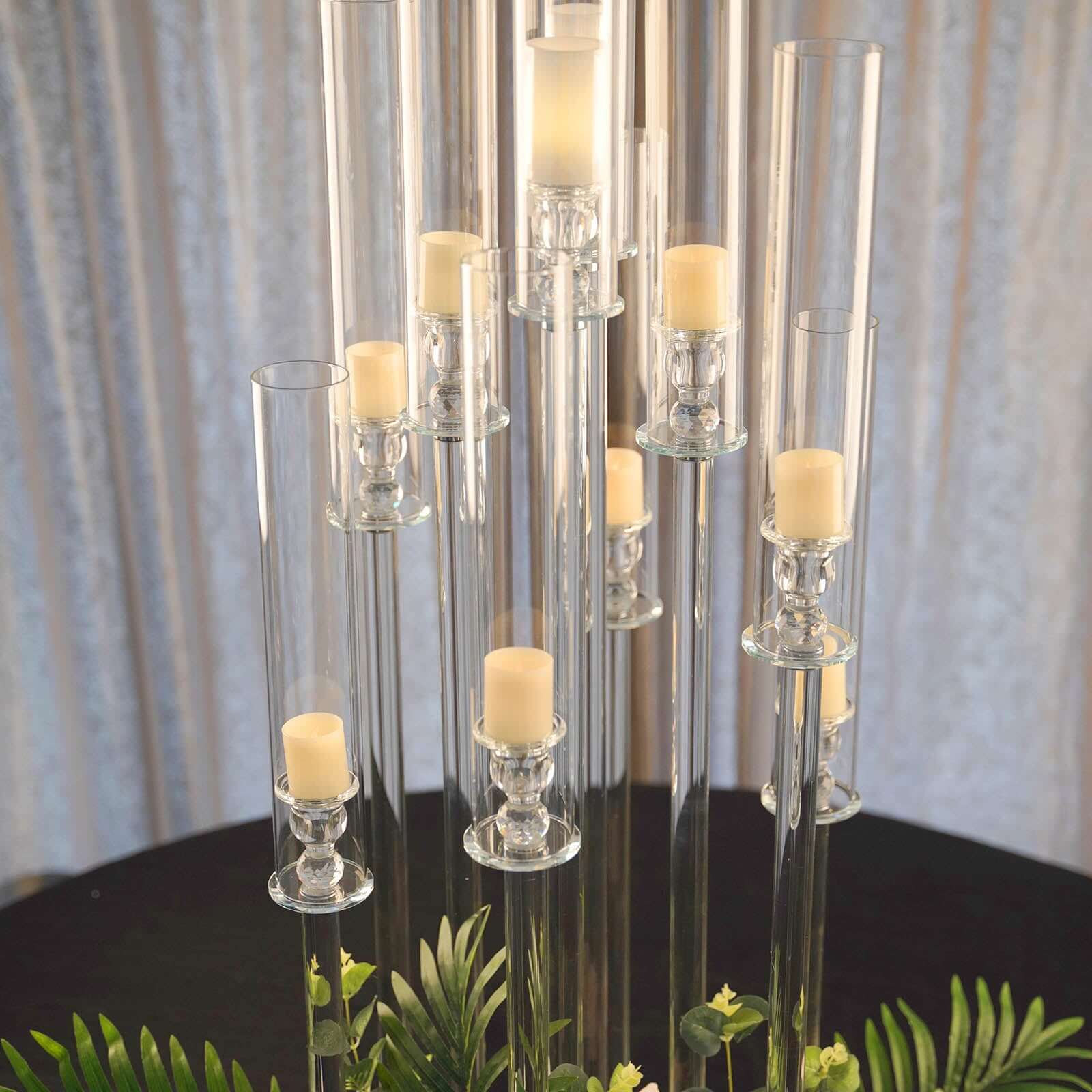 Clear 10 Arm Crystal Cluster Round Taper Candelabra, Candle Holder For Votive Pillar Candles With Mirror Base 47