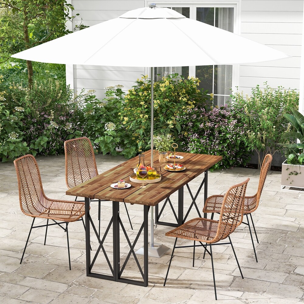 67 Inch Patio Rectangle Acacia Wood Dining Table with Umbrella Hole   67\