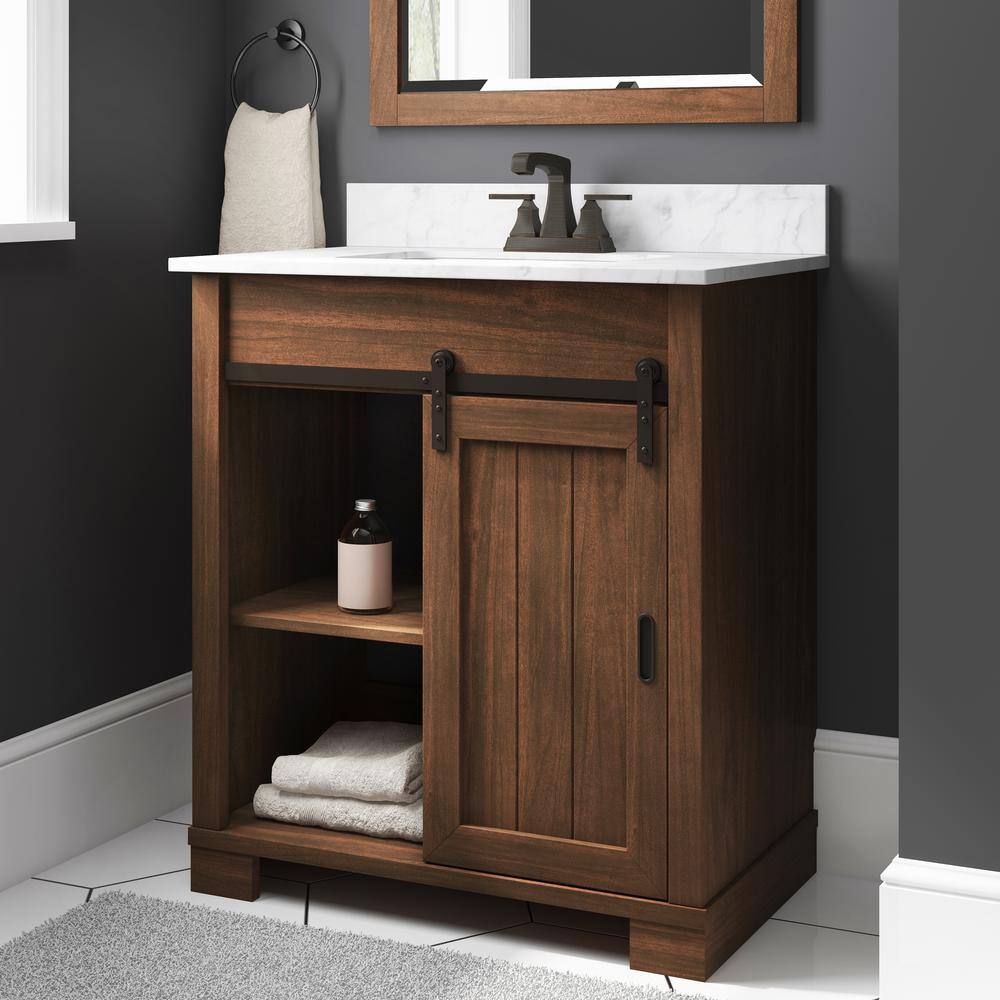 Glacier Bay Brindley 30 in.W x 21 in. D x 34.5 H Barn Door Bath Vanity in Dark Walnut with Engineered Stone Top HDBD30VJ