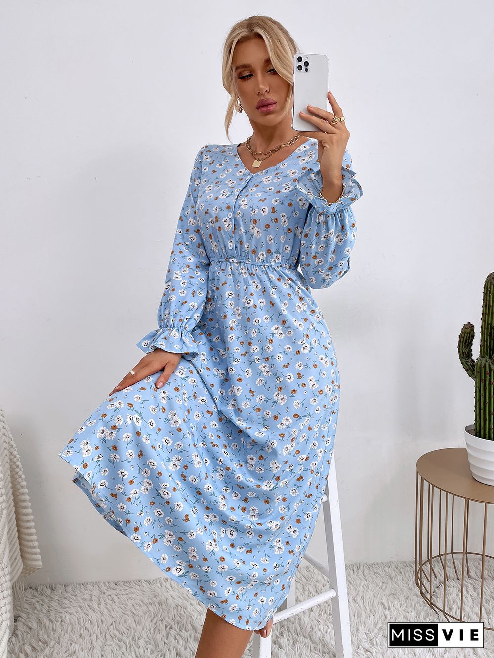 Elegant Women Floral Print Dress Casual Temperament Sweet Single-breasted V-neck Full Flared Sleeve Chic A-line Midi Dress