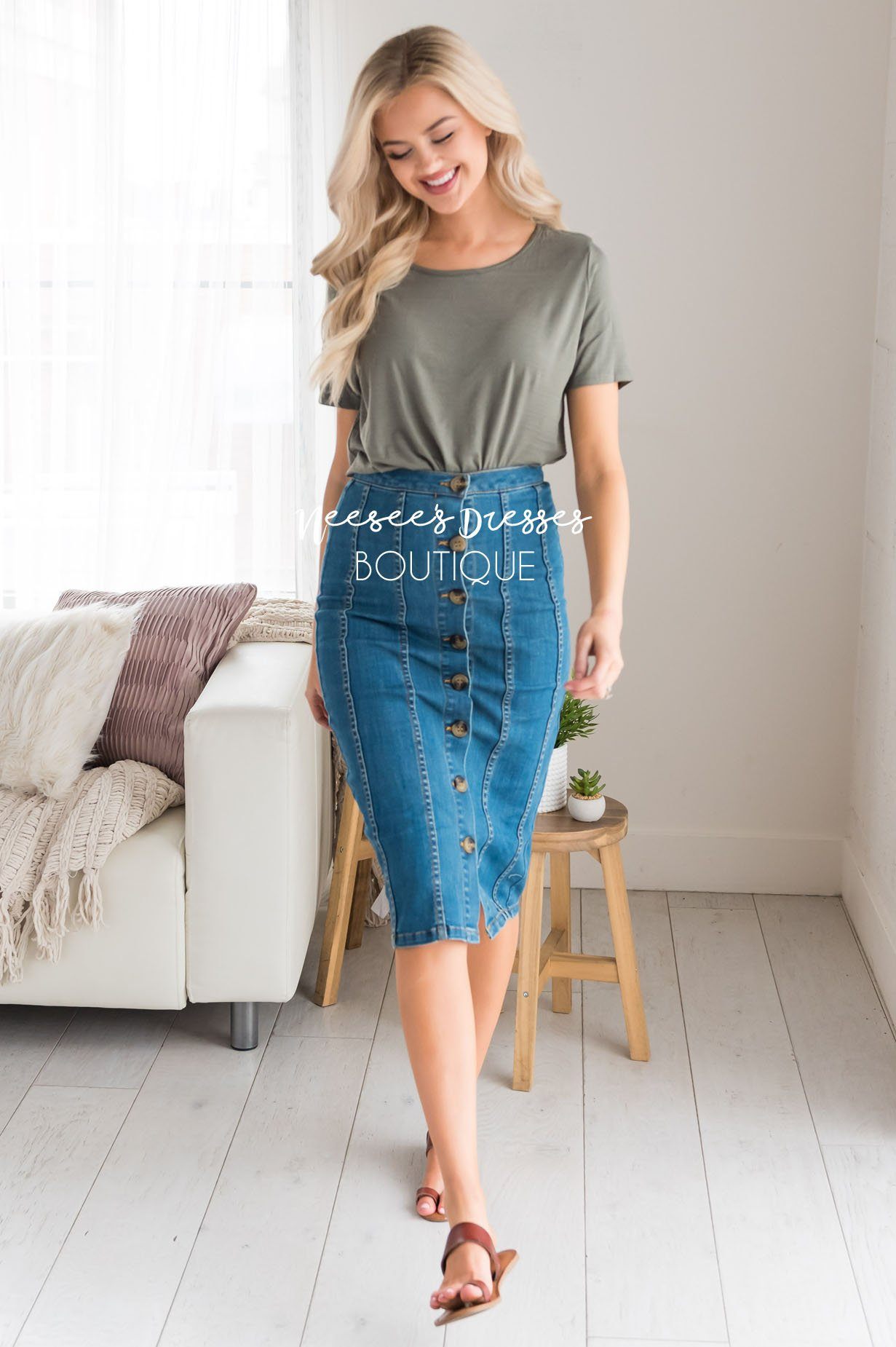 Button Front Modest Denim Skirt