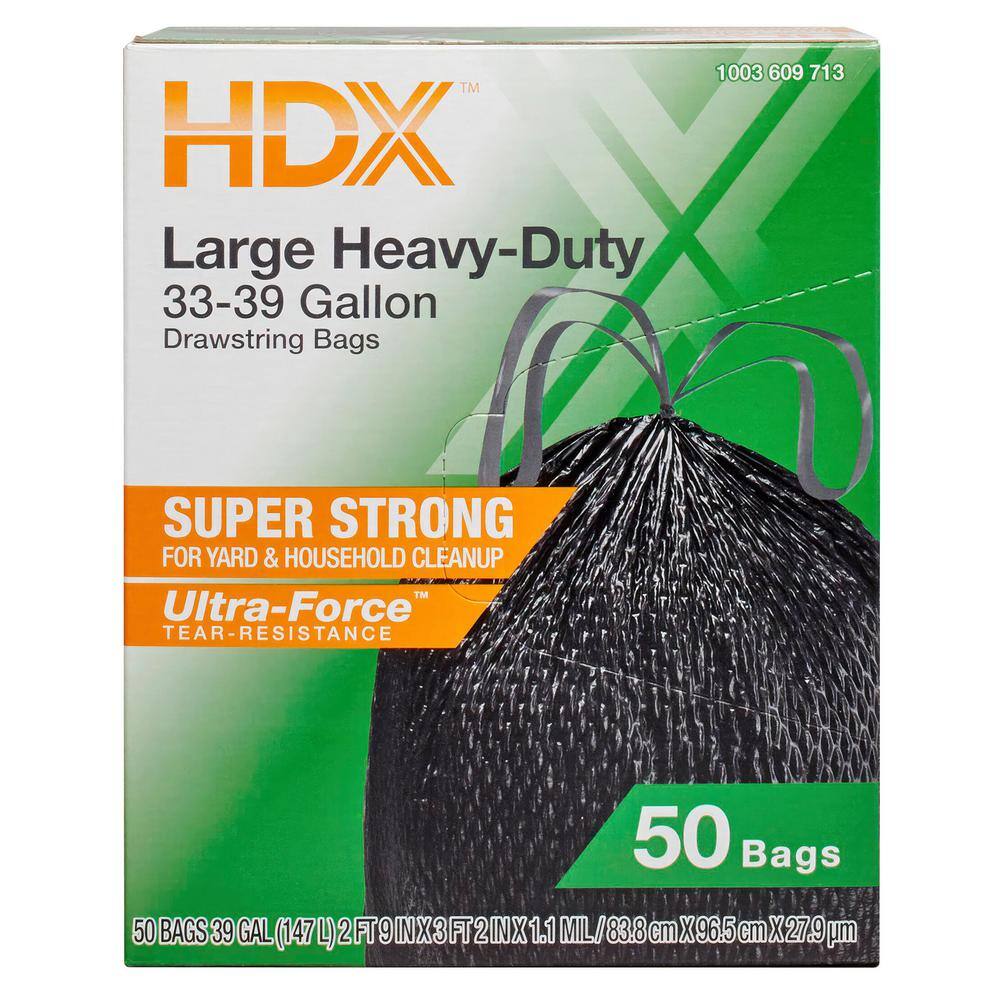 HDX 33-39 Gal. Black Heavy Duty Drawstring Trash Bags (50-Count) - For Outdoor and Yard Waste HDX3339