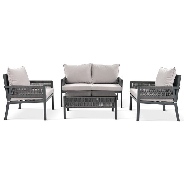 4Piece Rope Patio Furniture Set with Tempered Glass Table