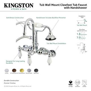 Kingston Brass Aqua Vintage Wall Mount 3-Handle Claw Foot Tub Faucet in Matte Black HAE305T0