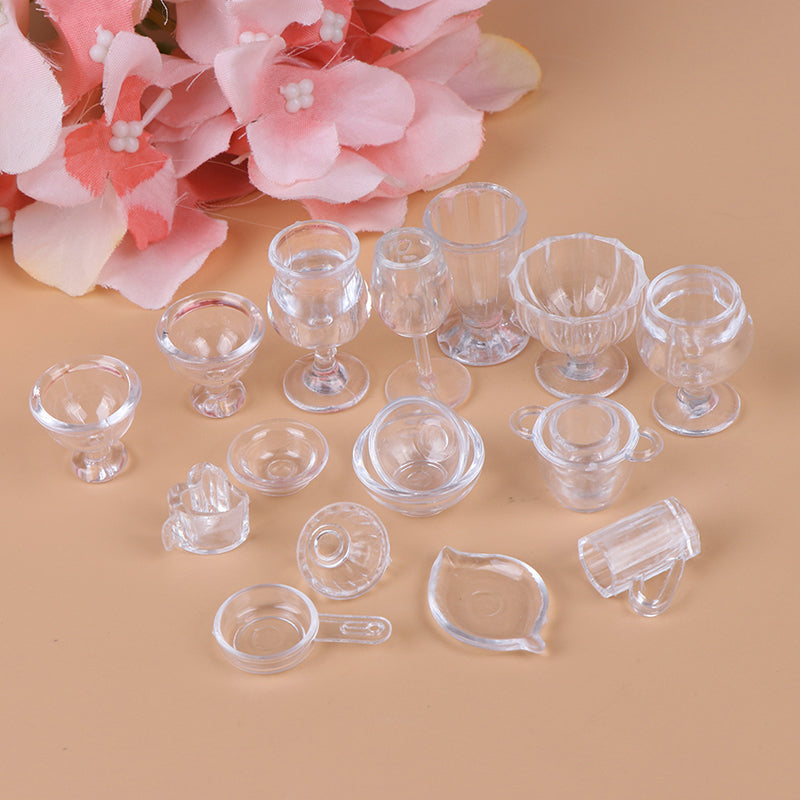 17Pcs/Set 1:12 Dollhouse Miniature Transparent Tableware DIY Pretend Play Toys