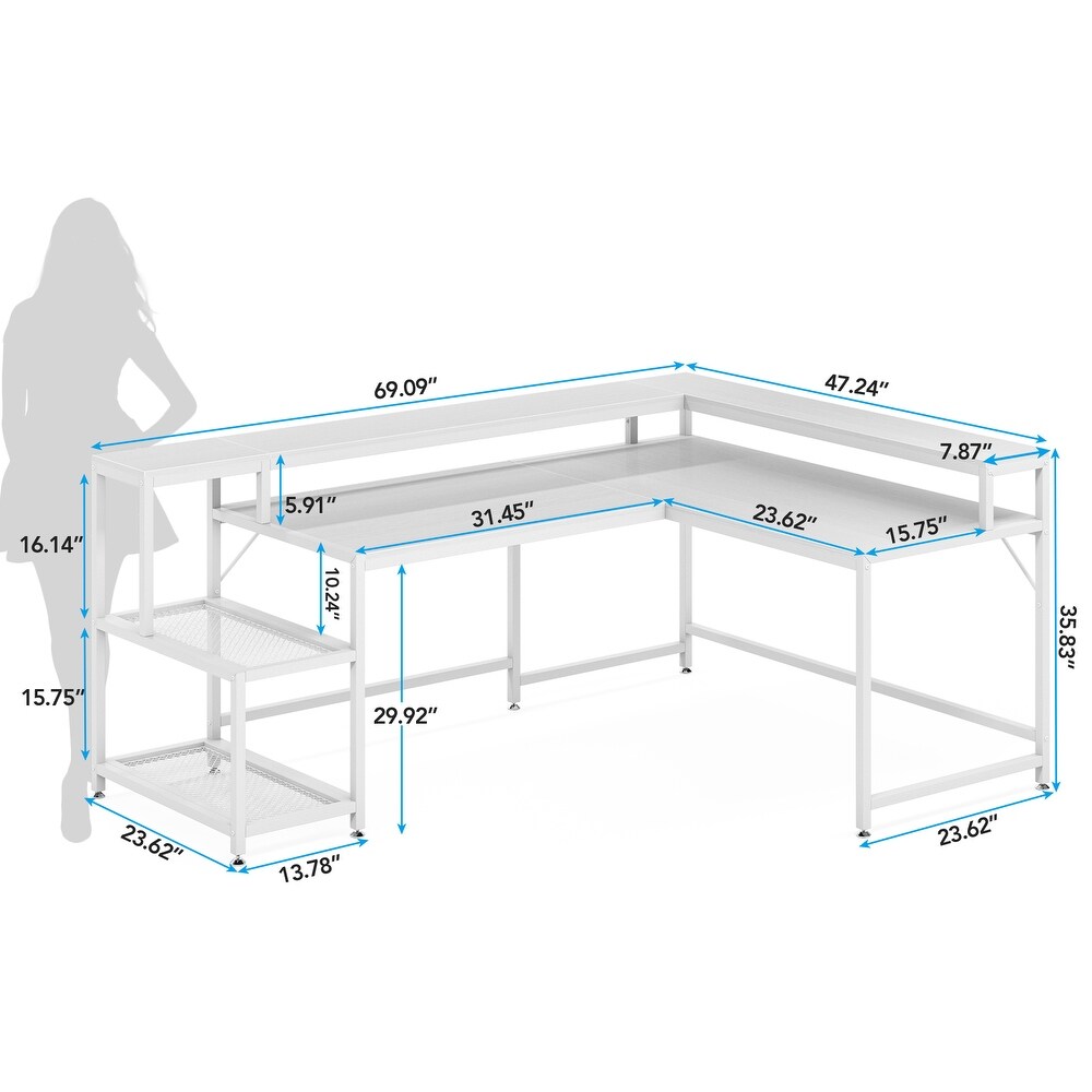 Reversible L Shaped Desk with Monitor Shoelf  Large Computer Desk for Office Home