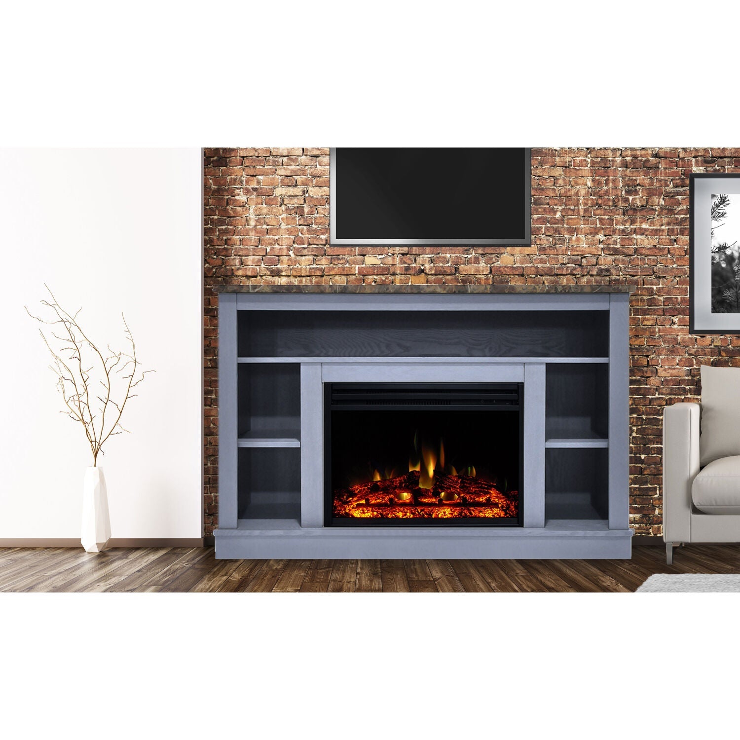 Cambridge Seville 47'' Freestanding Electric Fireplace with Log Insert, Remote| Multi-Color Flame| Slate Blue Mantel | For Rooms up to 210 Sq.Ft. | Adjustable Heat Settings | Timer