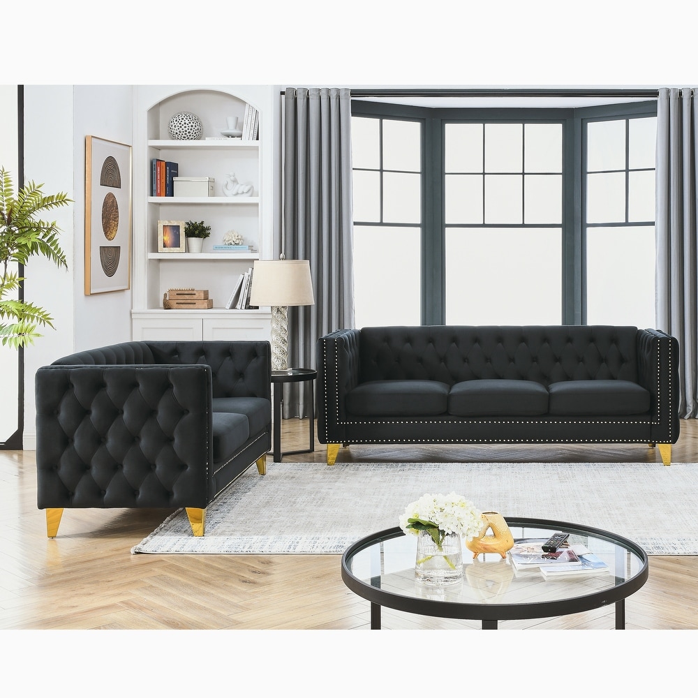 Classic Velvet Chesterfield Sofa Set with Nailhead Trim and Buttons Tufted Backrest  Solid Wood Frame  3 Seater Sofa + Loveseat