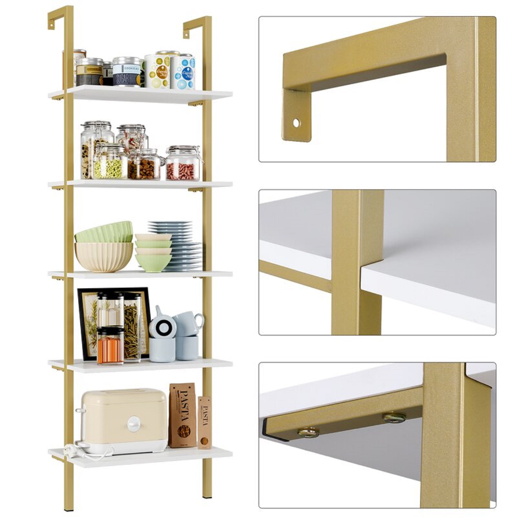 Homfa Wall Mounted Iron Bookcase, 5 Tiers Ladder Shelves with Gold Frame, White Finish