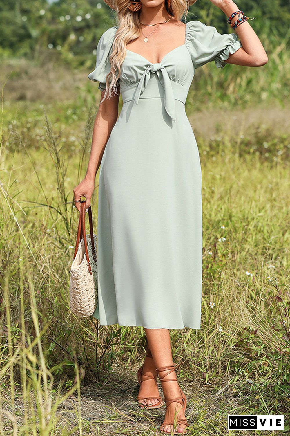 Plain Front Tie Bubble Sleeves Maxi Dress